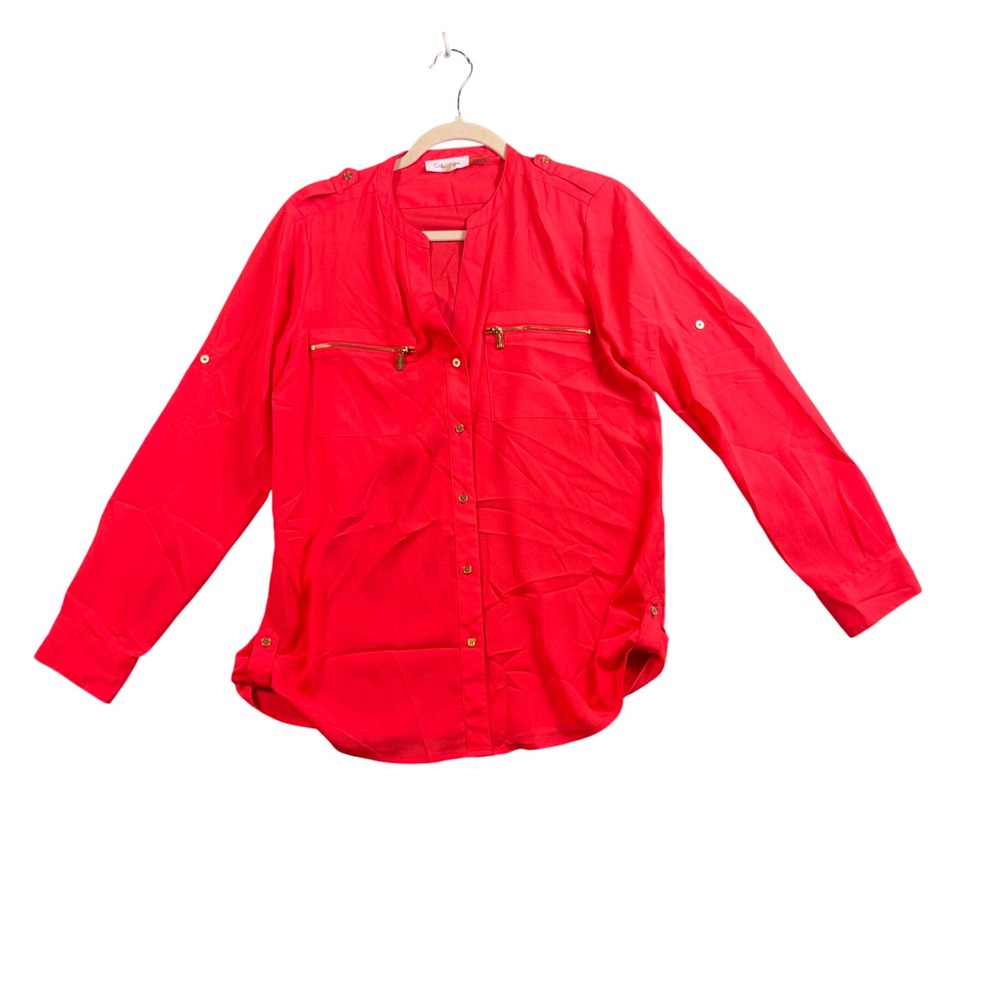 Calvin Klein Red Utility Blouse Small Gold Zip Roll Tab Office Coquette Y2K Chic
